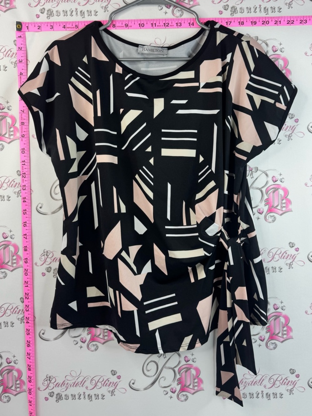 Hamilton tshirt tie up Black Geometric Short Sleeve Tie-Waist Top Blush & Cream